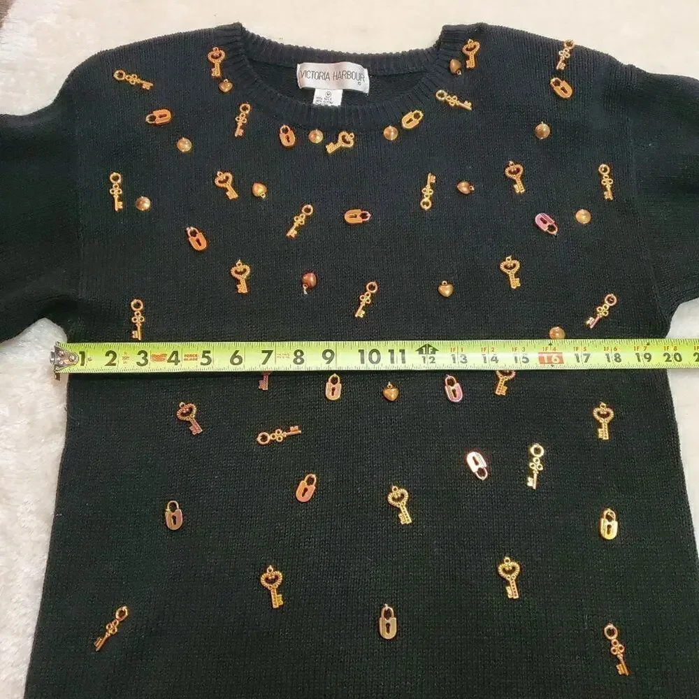 Victoria Harbour Vintage Black Knit Lock and Key Sweater, Size Medium